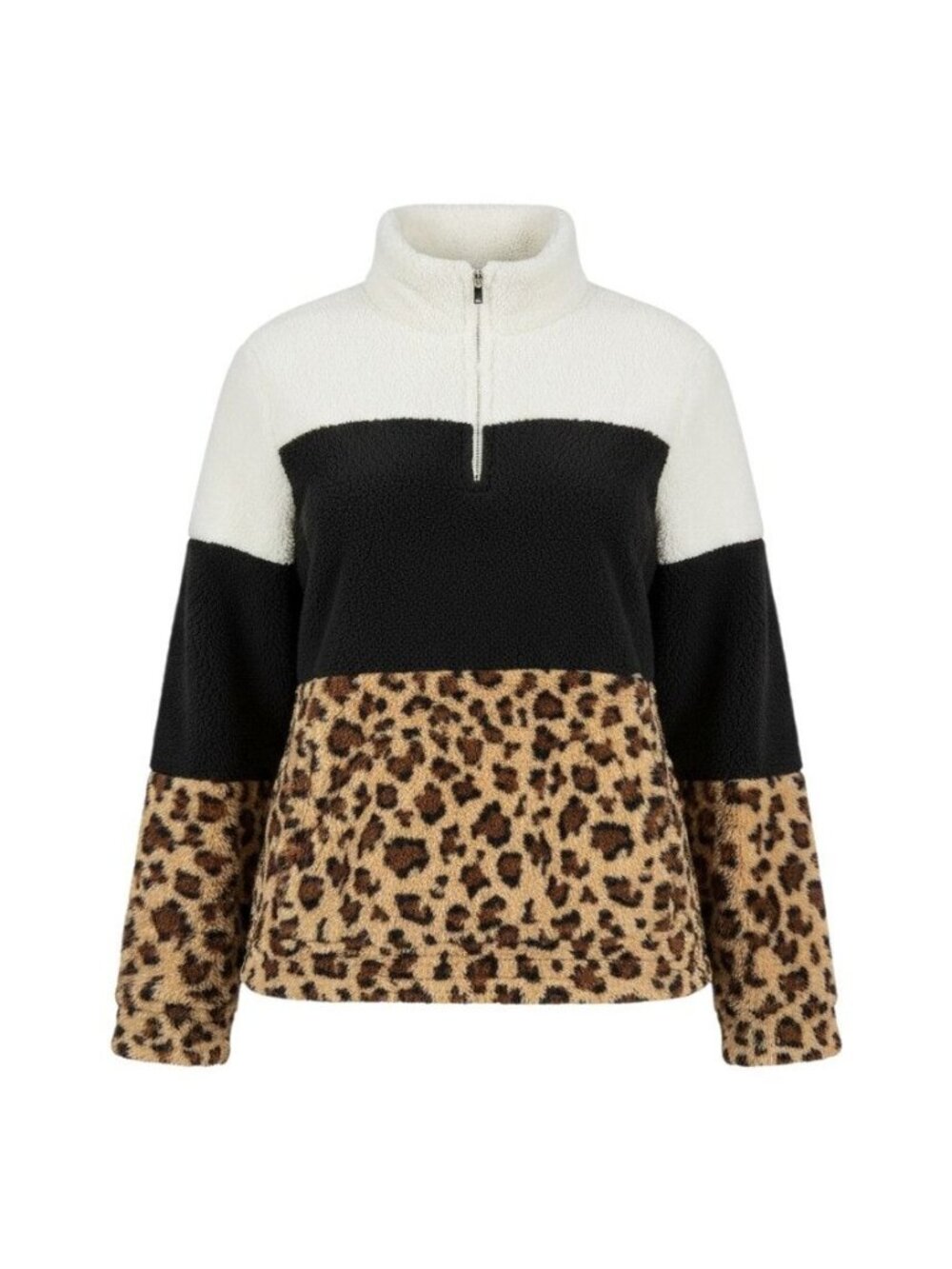 Le Moda Colorblock Leopard Print Panels Zip Neck Pullover L